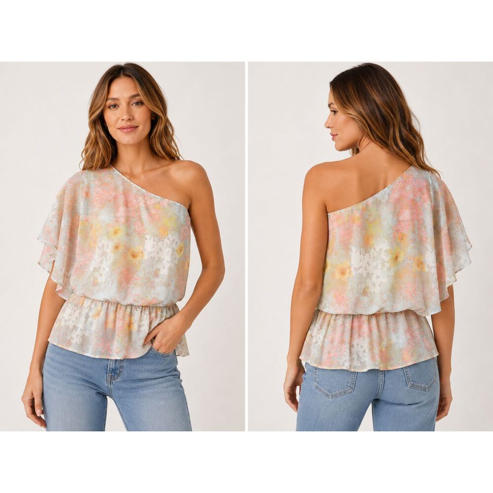 Alice & Olivia One-Shoulder Pastel Floral Ruffle Blouse Size XS